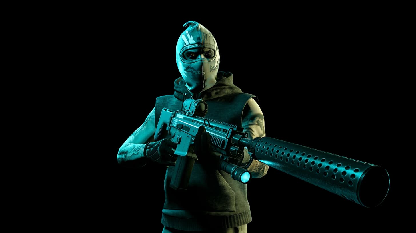 Personagem mascarado com fuzil